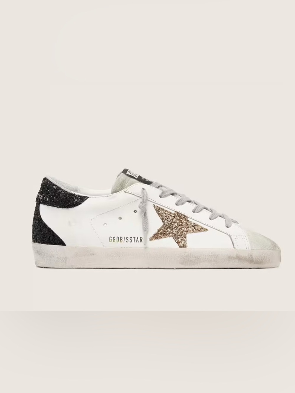 New Golden Goose White Leather Sneaker with Gold Glitter Star and Black Heel 37